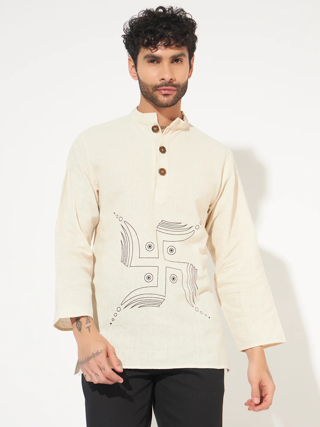 Swastik Printed Cotton Short Kurta for Men by Difneez