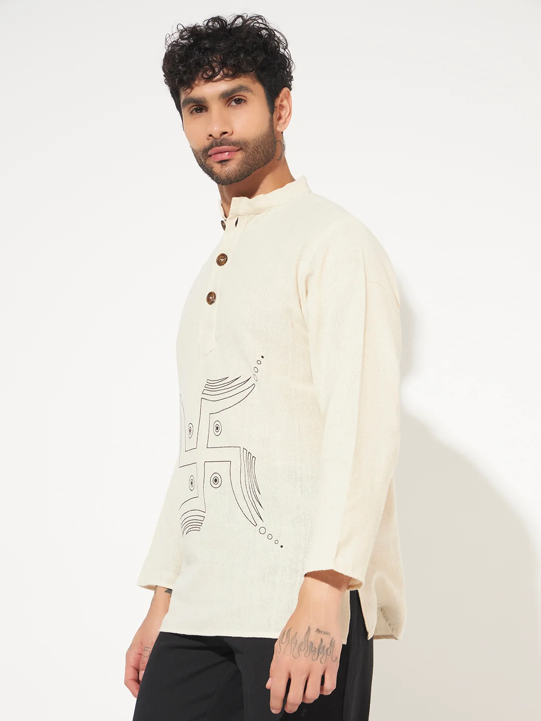 Men wearing Swastik Printed Cotton Short Kurta