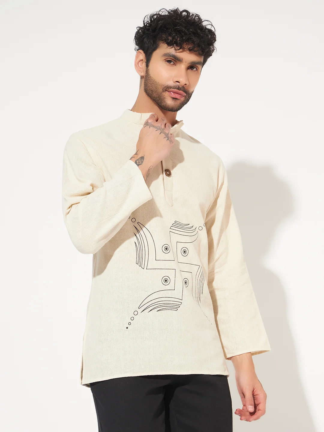 Oversize cotton short kurta for men with swastik print