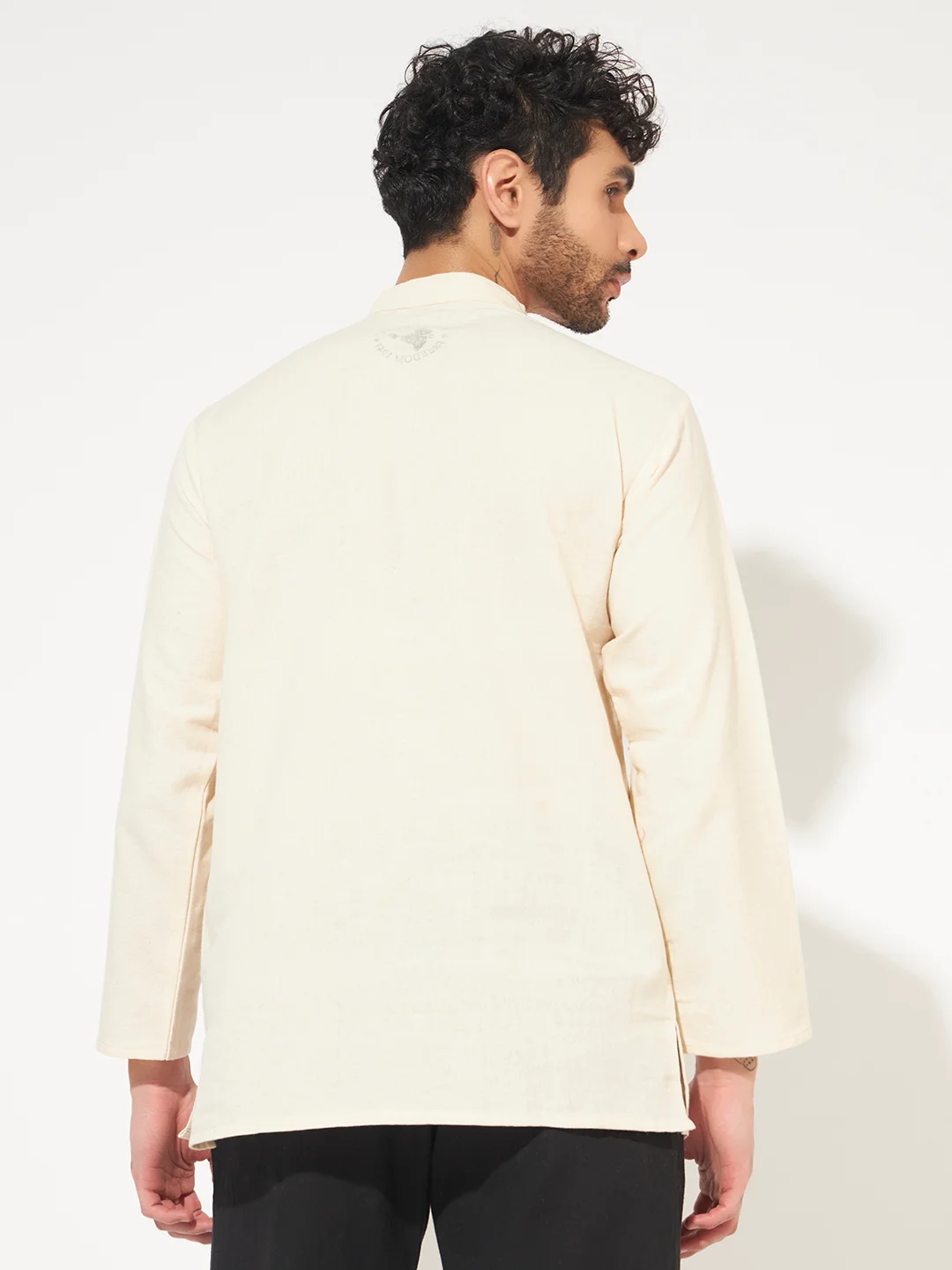 Om short kurta for men back Back view of Gayatri Mantra Printed Cotton Short Kurta for Men