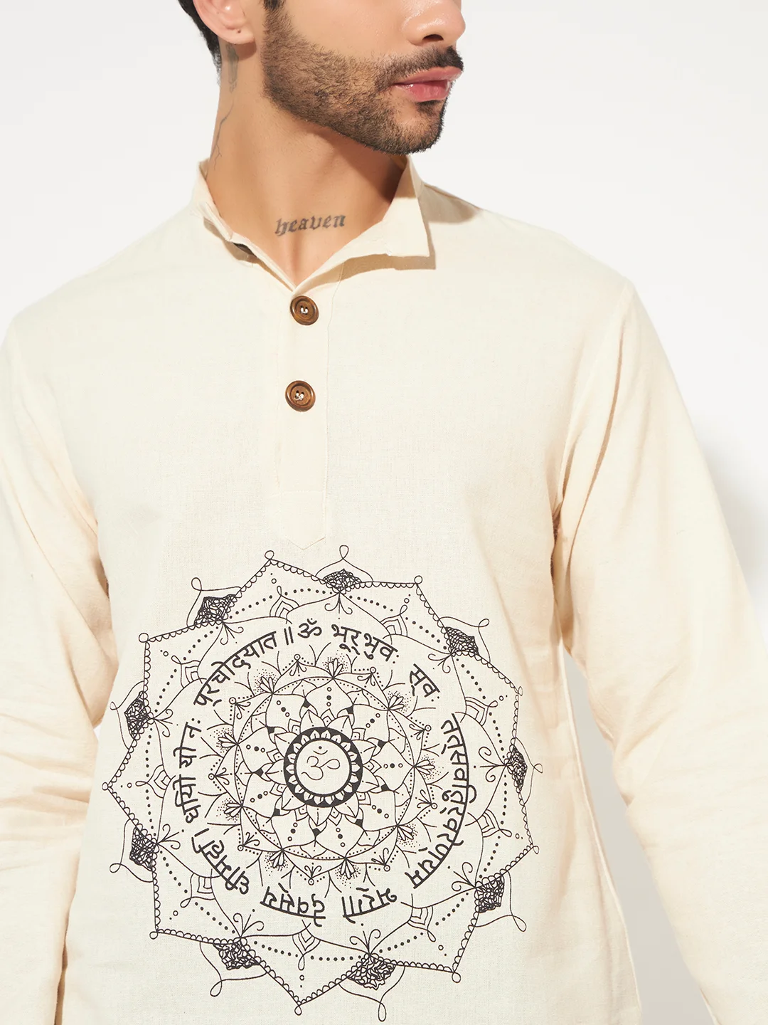 Om short kurta for men close up Gayatri Mantra Sanskrit print on cotton khadi short kurta for men