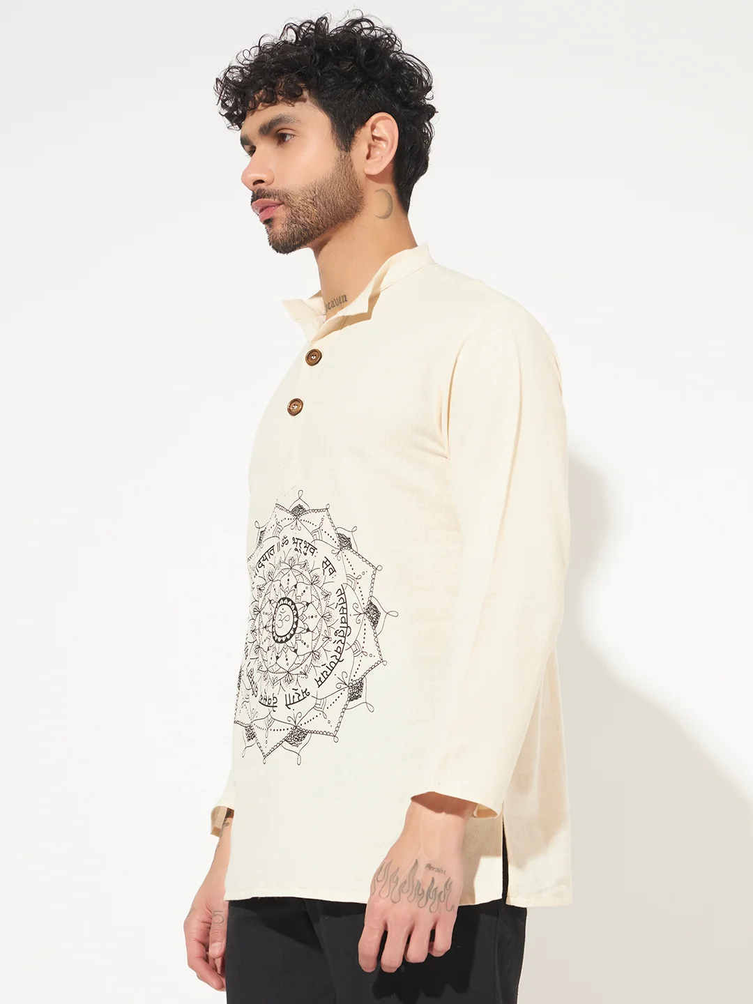 Om short kurta for men left Oversize loose fit Gayatri Mantra cotton short kurta for men