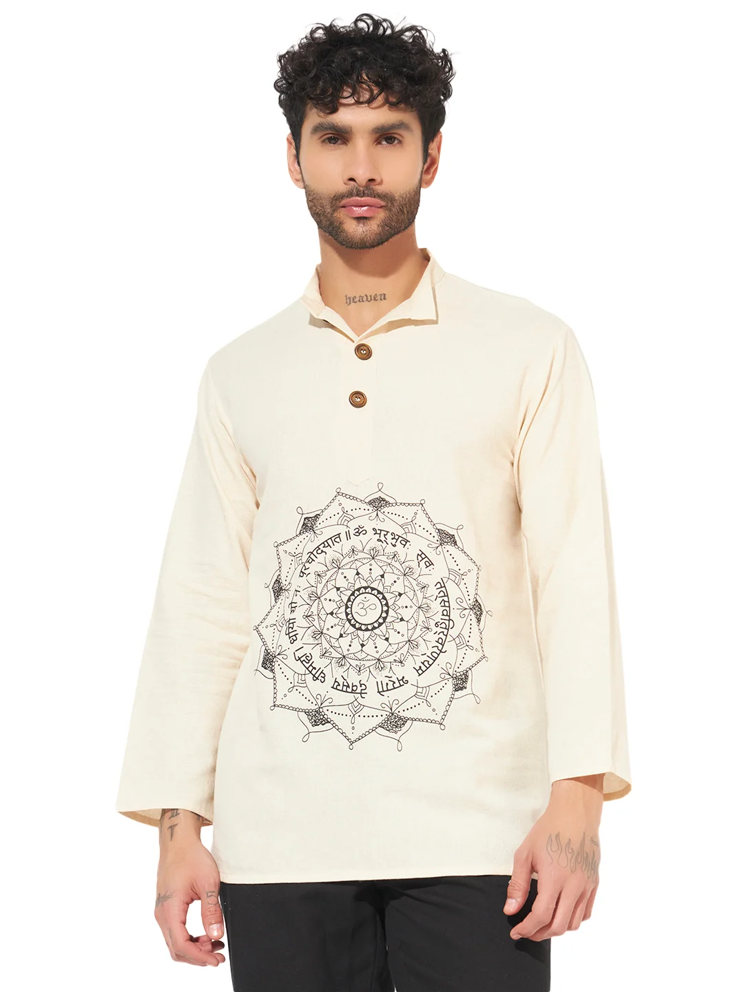 Om short kurta for men main Gayatri Mantra Printed Cotton Short Kurta for Men – Loose Fit Ethnic Wear