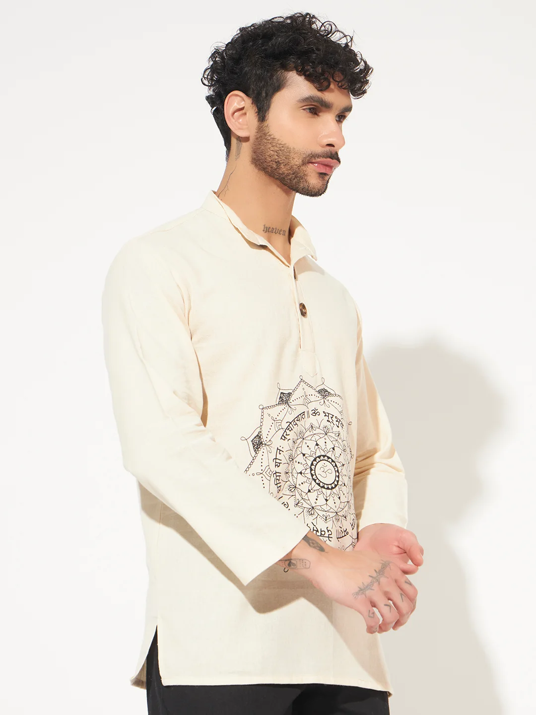 Om short kurta for men right Gayatri Mantra Printed Cotton Short Kurta for Men for puja and meditation