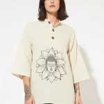 Buddha Printed Cotton Short Kurta for Women with 3/4 Sleeves