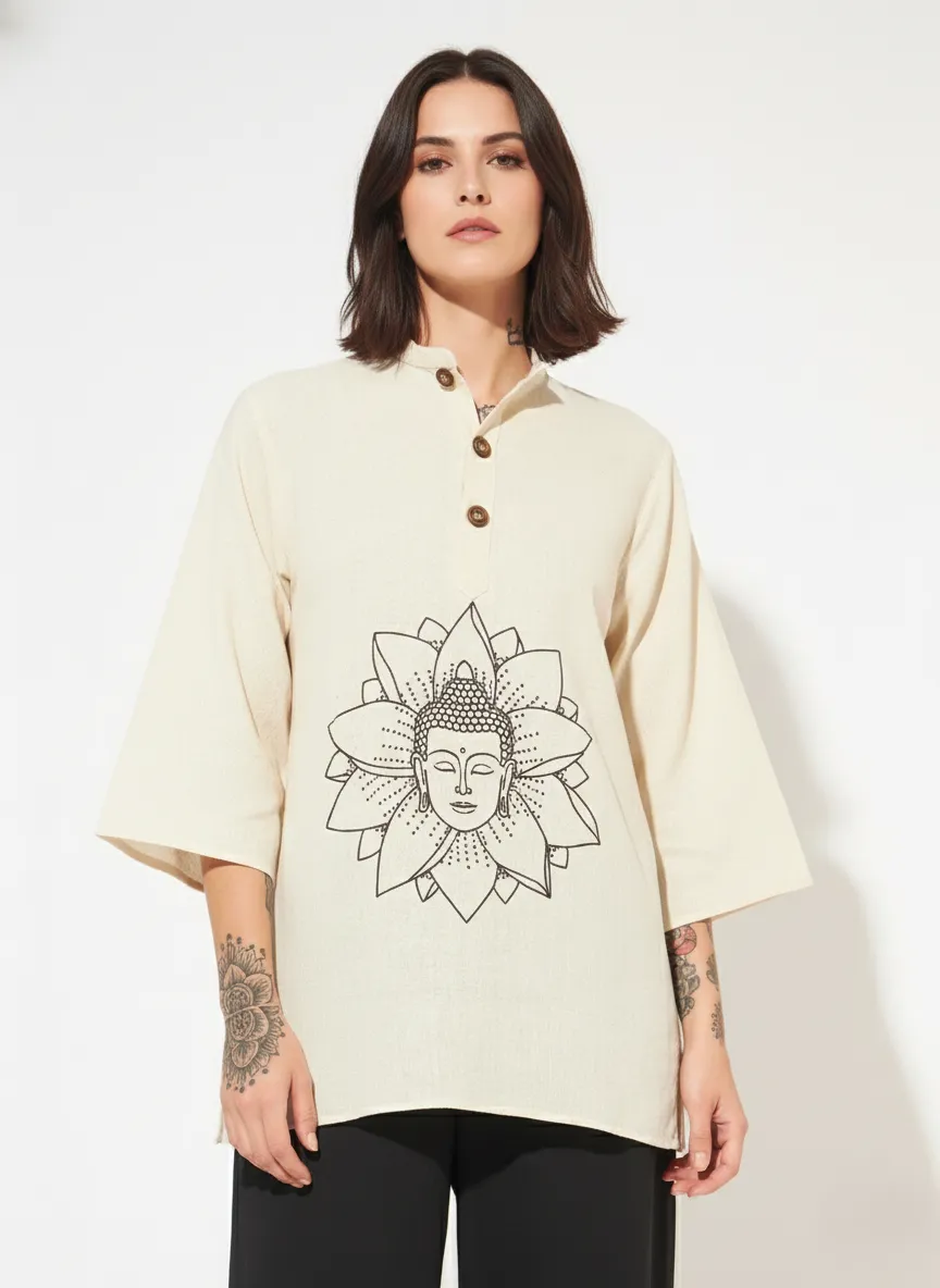 buddha Buddha Printed Cotton Short Kurta for Women with 3/4 Sleeves