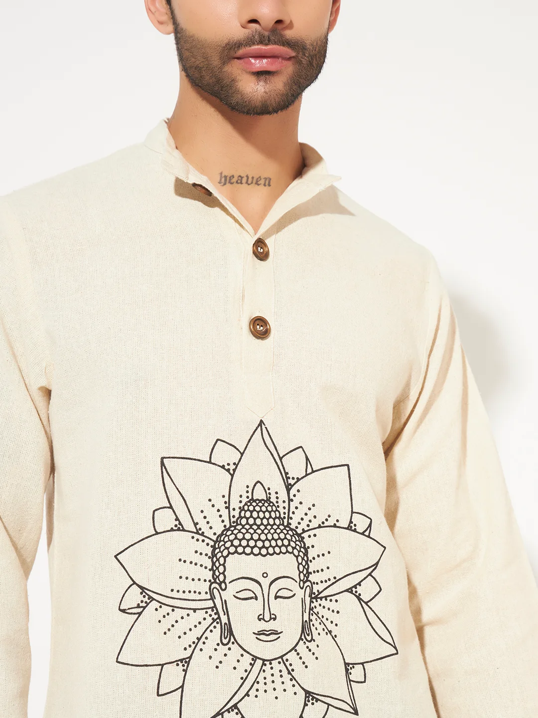 Lord Buddha print on cotton khadi short kurta for men