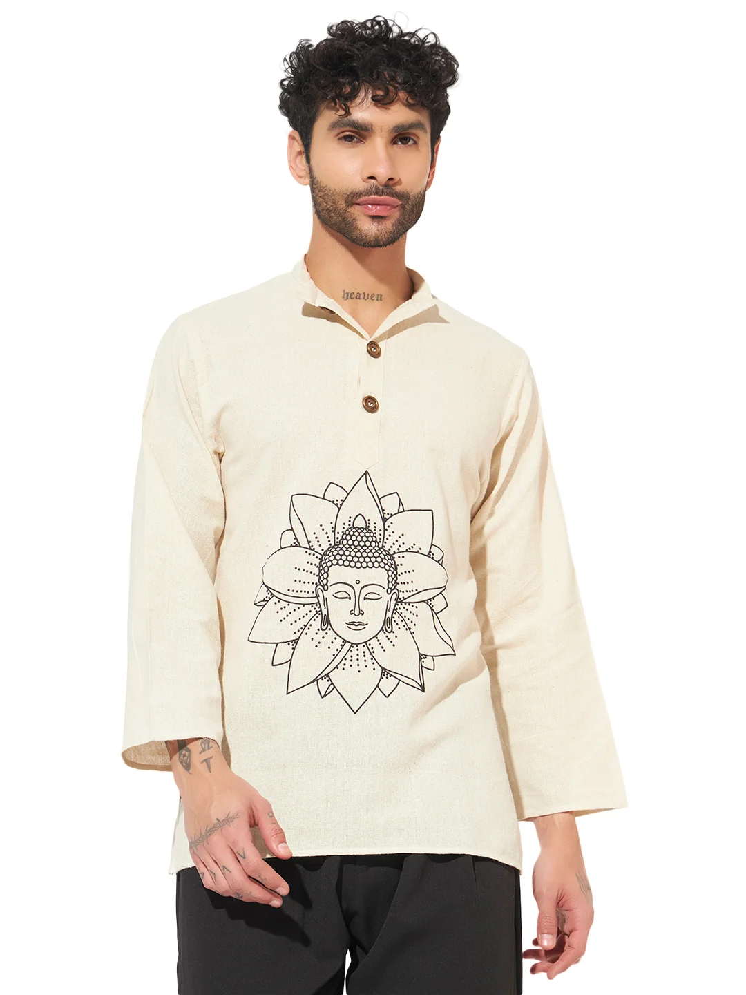 Buddha Printed Cotton Short Kurta for Men – Loose Fit Spiritual Wear