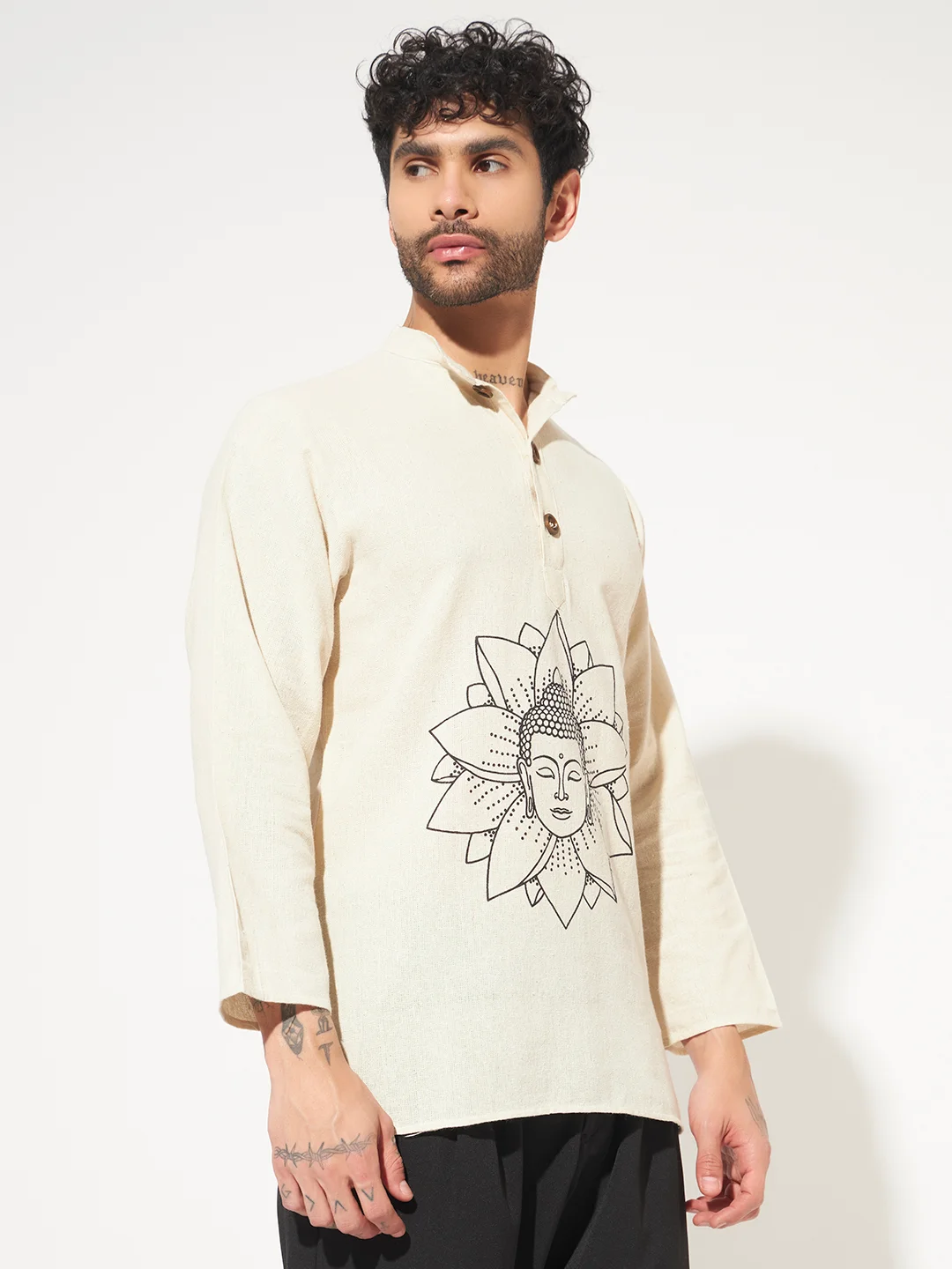 Buddha Printed Cotton Short Kurta for Men for meditation and yoga