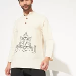 Ganpati Printed Cotton Short Kurta for Men – Loose Fit Ethnic Wear