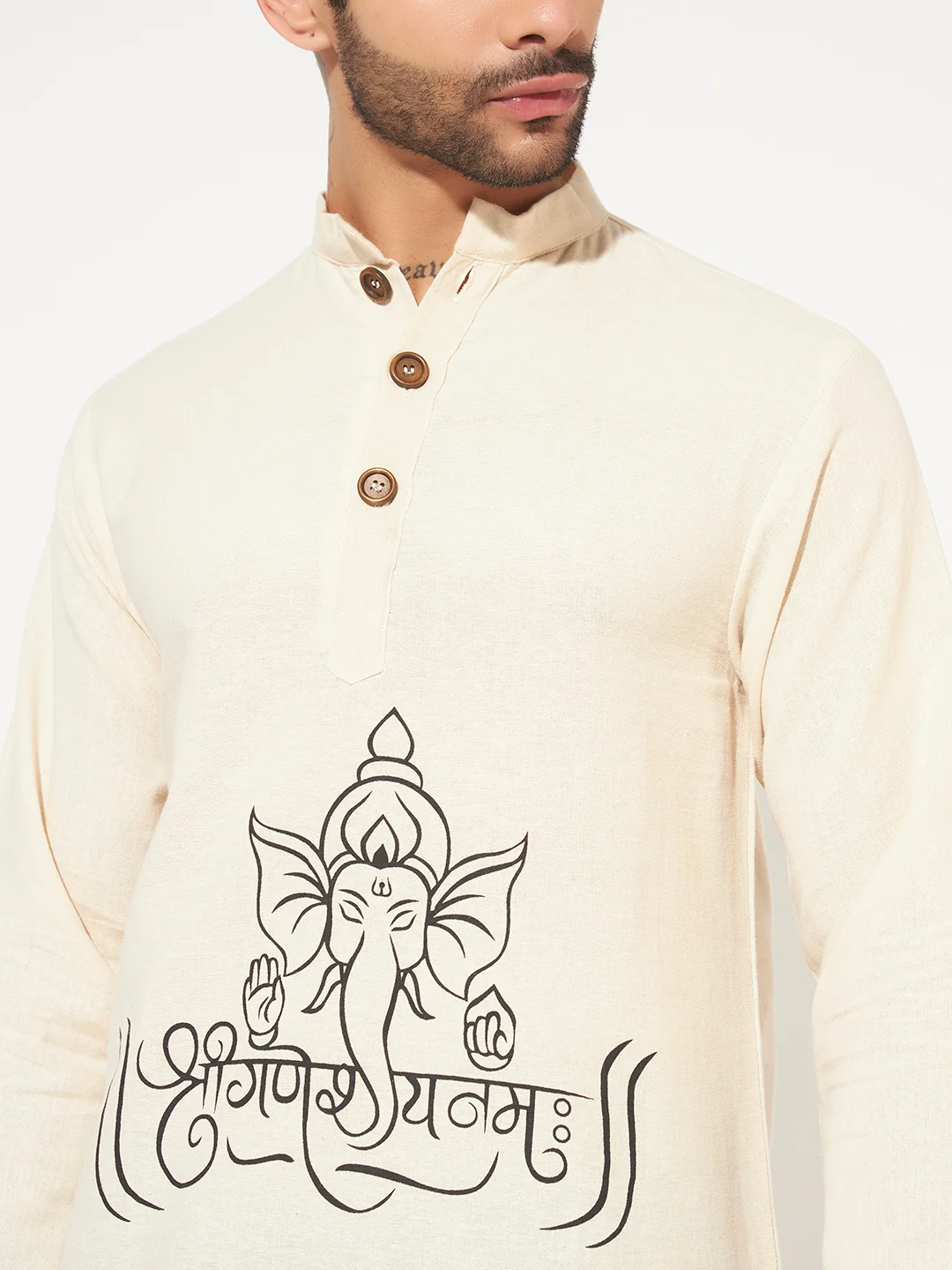 ganpati short kurta for men closeup Ganpati Printed Cotton Short Kurta for Men for festive and puja wear