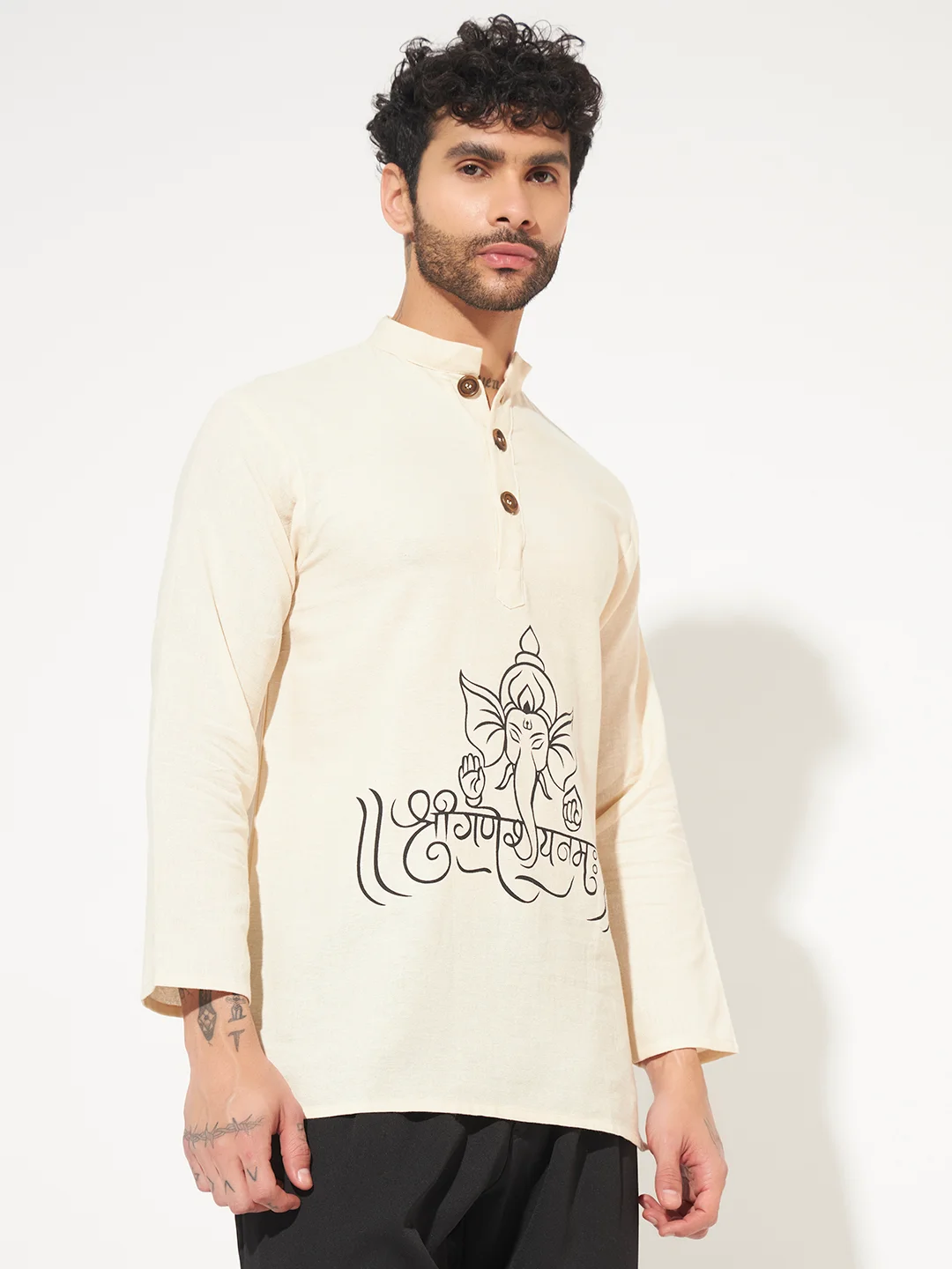 ganpati short kurta for men rigt side Ganpati motif print on cotton khadi short kurta for men