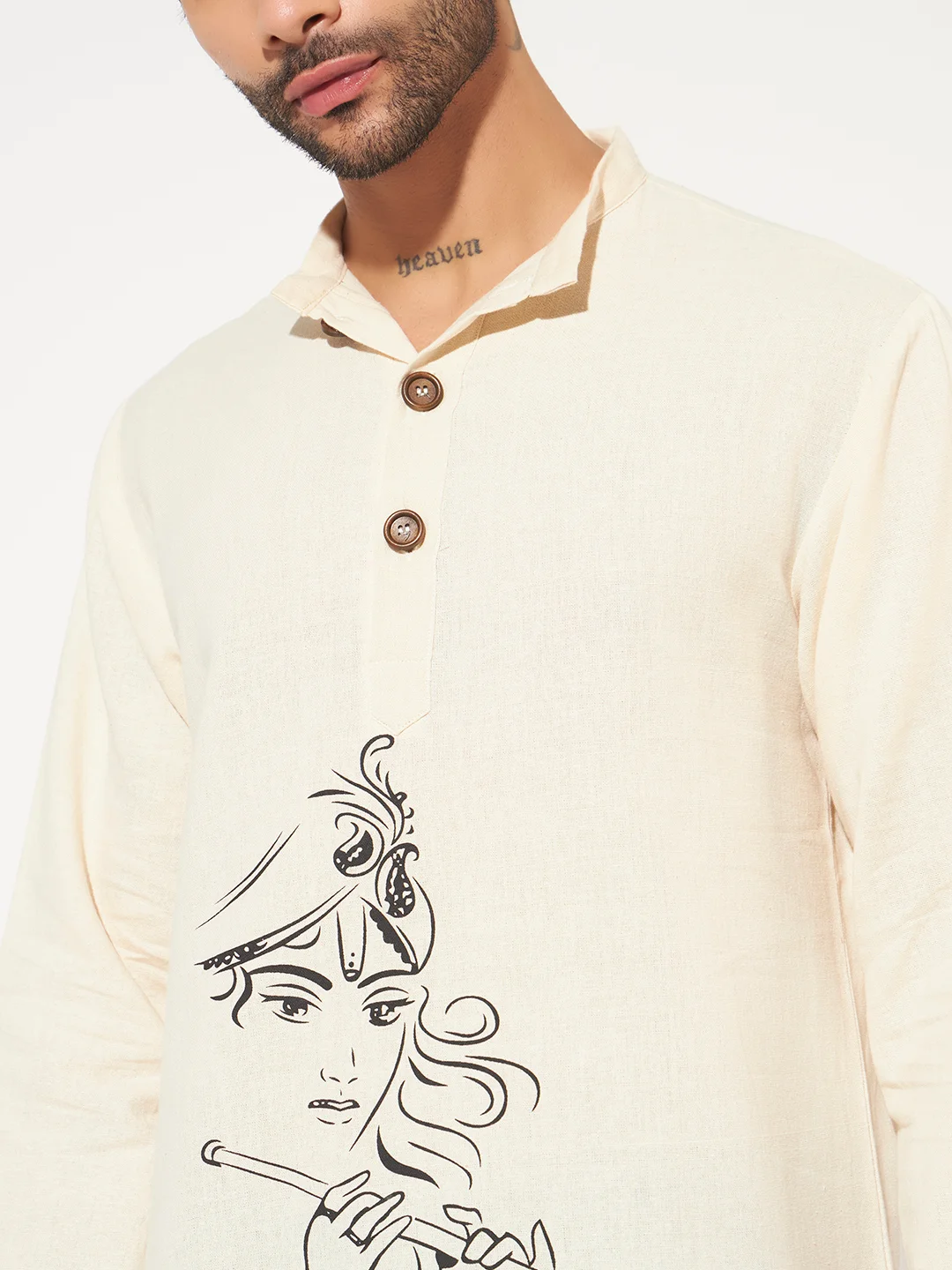 krishna men kurta closeup Krishna flute printed loose fit short kurta