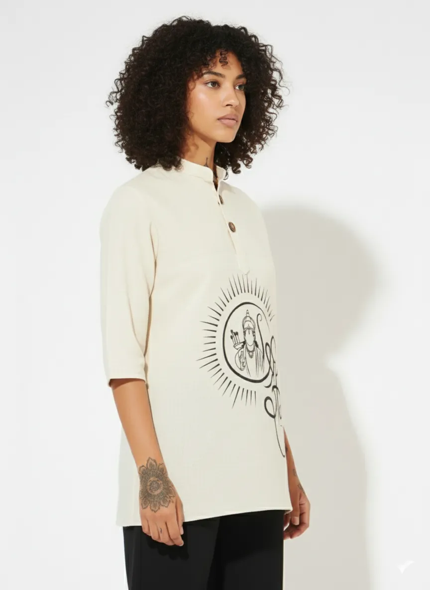 shri (8) Shri Ram motif print on cotton khadi short kurta for women