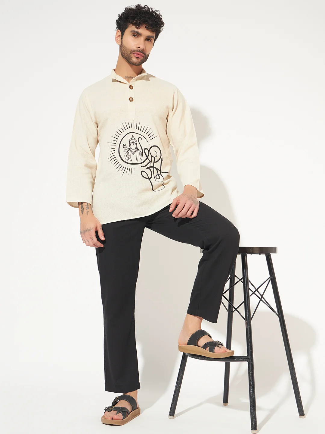 Oversize loose fit Shri Ram cotton short kurta for men