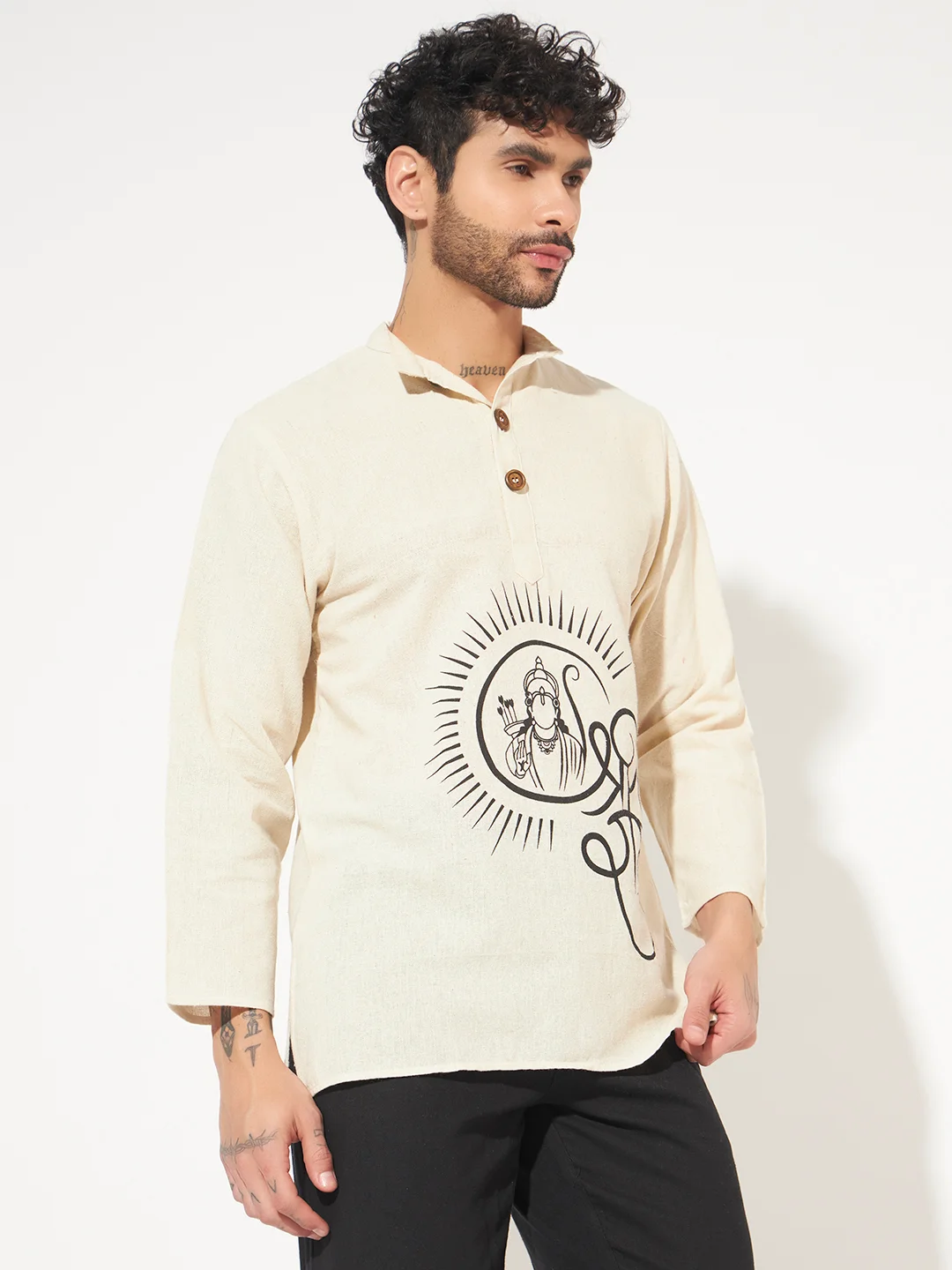 Shri Ram motif print on cotton khadi short kurta for men