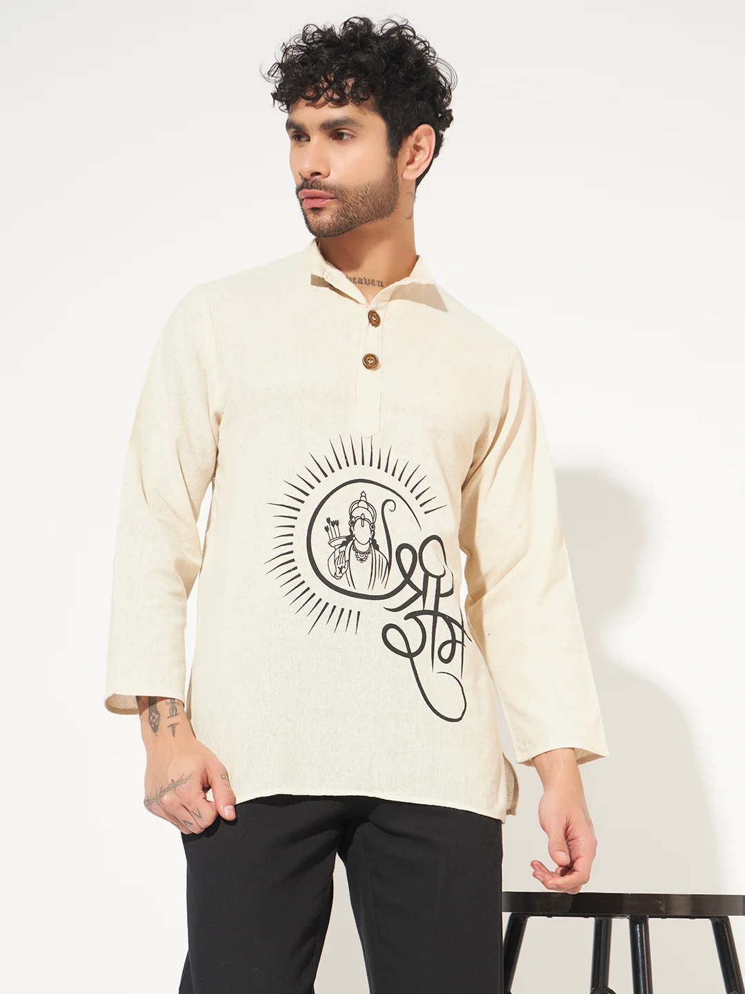 Shri Ram Printed Cotton Short Kurta for Men – Loose Fit Ethnic Wear